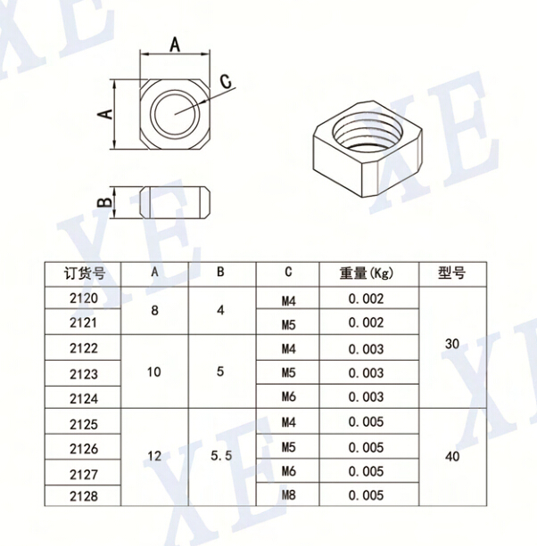 鋁型材配件四方螺母規(guī)格